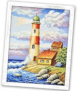Seascape Counted Cross Stitch Kit for Hand Embroidery 'Lighthouse' - DIY Set with Nautical Pattern, 14 Count Aida Cloth and Pre-Sorted Floss, Ocean Themed Decoration for Living Room, Wall Decor