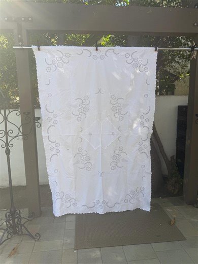 Vintage Embroidered Tablecloth With Icy Silver Grey Detail, Handmade Cotton Table for 6 - Etsy
