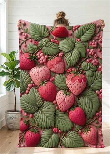 Strawberry Botanical Fleece Blanket, Faux Tufted Fruit Throw, Cottagecore Bedding - Etsy