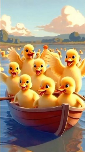 Cute ducklings dive from the boat and start swimming together!