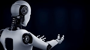 AI hominoid robot holding virtual hologram screen showing concept of big data analytic using artificial intelligence thinking by machine learning process. 3D rendering.