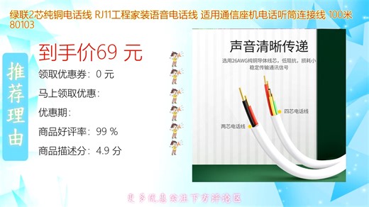 绿联2芯纯铜RJ11电话线100米工程级语音线材家装专用高导通性抗干扰强适用于各类座机听筒连接稳定耐用布线理想之选