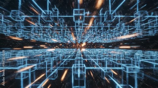 AI data flow wireframe city grid tunnel with fast light convergence. AI concept.