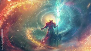 Motion animation of a witch who gathers colorful energy around her