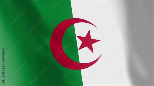 Flag of Algeria animated background. Symbol of the Algerian nation and their culture. Waving flag in the wind footage. A Red star and crescent is part of the state ensign.
