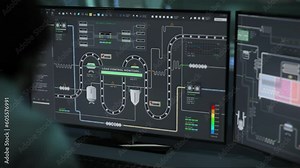 Displaying the visualisation of the production line manufacturing goods. Display the factory production line carrying the cartons. AI display scanning the packages transported on a production line.