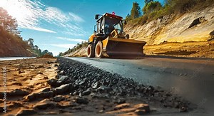 Road construction workers and road construction machinery scene. Highway construction site landscape.