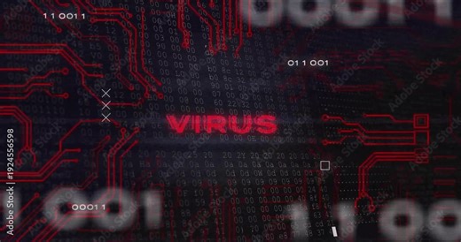 Centered VIRUS label emerging, glitching pulsing, settling while scan noise causing circuit alert