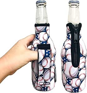 12 oz Beer Bottle Handler - Neoprene Bottle Sleeve with Pocket Handle - Insulated Beer Sleeves, Baseball Stars