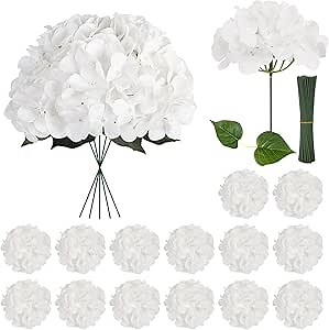 Hydrangea Artificial Flowers with Stem & Leaves, 24Piece Solid White Faux Hydrangea Flowers Heads Bulk, Fake Silk Real Touch Hydrangea for Home Decor Party Floral Arrangements Wedding Bouquets