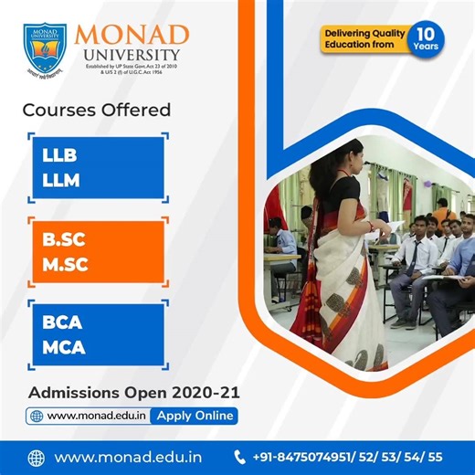 ✅ Monad, the university is anticipated to be the next biggest university in not only the city but the world, encouraging three objectives that are 'personal growth, 'efficacy in life', and 'public welfare'. The university has been established with a commitment to provide a friendly atmosphere to the students where they can learn freely, find solutions to the day-to-day challenges of life and prosper to become the leaders of coming generation. 📖 Admissions open for: DIPLOMA, BA, MA B.SC, M.SC BC