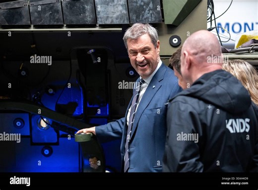 Munich, Bavaria, Germany April 22, 2026: Inauguration of the new production line for the 8x8 BOXER wheeled vehicle at KNDS in Munich to increase delivery capacity for the German Armed Forces and allied nations. Dr. Markus Söder Minister-President of Bavaria, CSU in front of a BOXER RCT30 *** Eröffnung der neuen Produktionsstraße für das 8x8-Radfahrzeug BOXER bei KNDS in München zur Steigerung der Lieferkapazitäten für die Bundeswehr und Alliierte. Dr. Markus Söder Ministerpräsident Bayern, CSU v