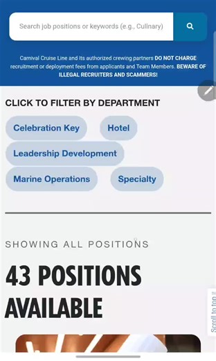 Entry Level Gary Attendant Jobs at Carnival Cruise Line