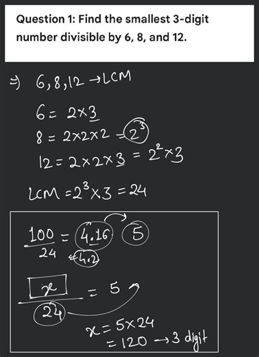 Question 1: Find the smallest 3-digit number divisible by 6, 8,... | Filo