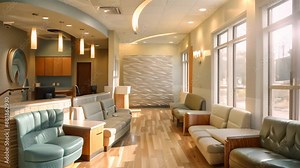 A waiting room with plush couches and chairs for seating, Inviting waiting area with plush seating and soothing music