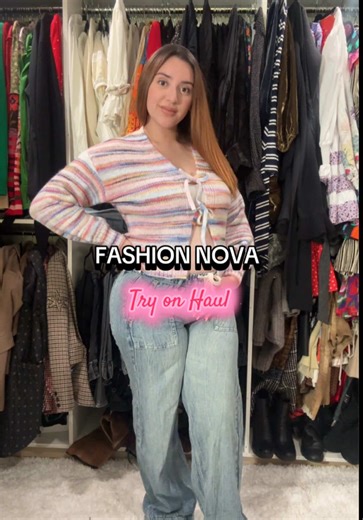 @Fashion Nova 💞 🔍 On The Bright Side Space Dye Cardigan - Multi Color 🔍 Maddie Mock Neck Sweater Pant Set - Cream 🔍 Ocean Ave Featherweight Jeans - Vintage Wash #latina #ootdinspo #pregnantootd #fashionnovapartner #tryonhauls