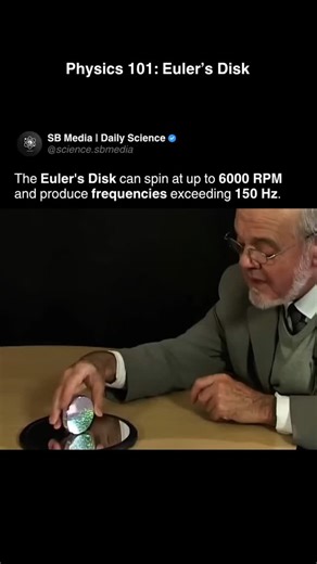SB Media on Instagram: "Near the end of its motion, the Euler’s Disk can reach up to 100+ revolutions per second, with rim speeds exceeding 10 meters per second, depending on its mass and radius. The sound you hear isn’t from spinning, it’s from wobbling. That rising pitch comes from precession: the disk's axis tracing a tight, rapid circle as the tilt angle decreases. The wobble frequency can reach 150 Hz or more, creating that unique, rising tone. Euler’s Disk is named after Leonhard Euler, wh