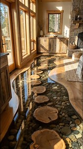 “Golden sunlight reveals a flowing resin stream that guides guests through the living space with warmth and nature charm.”#natureinspired #cabinlife #building #ResinArt #homedesign #interiordesign #epoxyfloor #diyhome #homemakeover #epoxyart #resinart #dreamhouse #modernliving #EpoxyArt #DIY #modernhome | Dream Path Builds