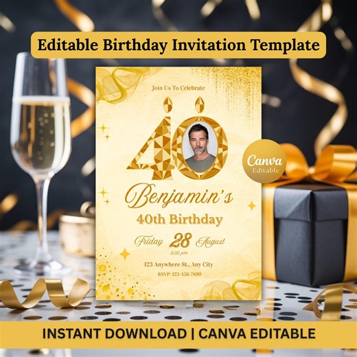 40th Birthday Invitation Template, Editable 40th Birthday Invite, Gold Birthday Party Invitation, Canva Birthday Invitation - Etsy
