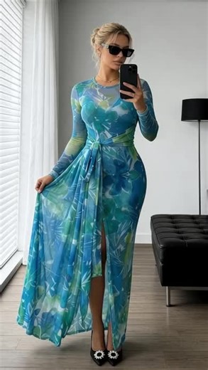 Women's 2 Pieces Outfit Allover Tie Dye Floral Print Long Sleeve Ruched Party Dress Tie Waist Hollow-out Back High Slit Sheer Mesh Maxi Dress with V-Neck Adjustable Spaghetti Straps Cami Mini Dress#womensfashion #WomensWear #dressgoals #FYP #OOTD