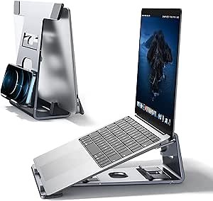 Laptop Vertical Holder, 4 in 1 Stand for Laptop, Tablet, Phone, as Vertical Stand, Ergonomic Laptop Stand for Desk Compatible for Under 17 Inches Laptops(Grey)