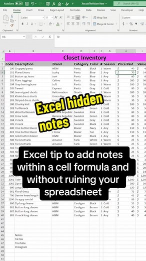 Excel tip to add hidden notes within the cell formula #tutorial #excel #exceltricks #exceltok #learnwithtiktok #exceltips #exceltraining