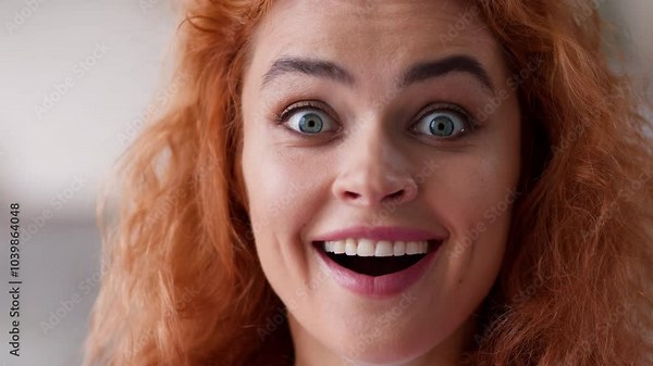 Close up Caucasian woman amazed wonder surprised happy face excited winner emotional girl portrait lady looking at camera with big eyes open mouth shock win victory achieve good news female at home