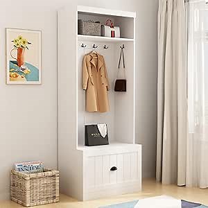 ECACAD Hall Tree with Storage Bench, 3-in-1 Entryway Bench with Coat Rack, Wooden Hall Tree with 4 Metal Double Hooks, Shelves & Drawer for Hallway, Living Room, White (27.7”W x 17.7”D x 70.9”H)