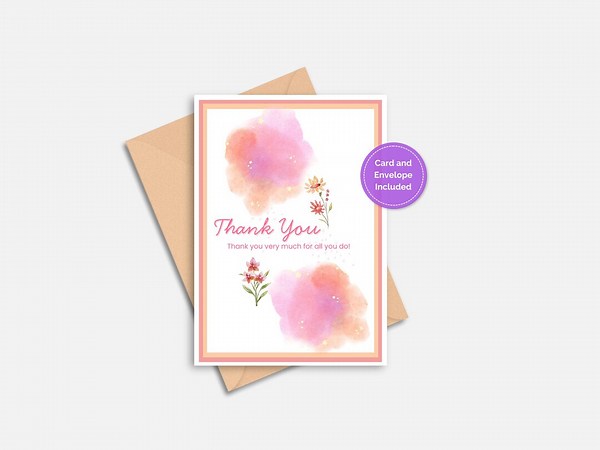 Thank You Card Printable 5x7 | Watercolor Floral Thank You DIY with Envelope Template