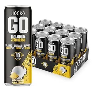 Jocko GO Coconut/Pineapple Energy Drink - Keto, Vitamin B12, Vitamin B6, Electrolytes, L Theanine, Magnesium- Energy Boost, Sugar Free Nootropic Monk Fruit Blend - 12 Pack - Packaging May Vary