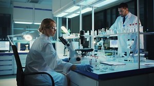 Medical Research Scientist Looks at Biological Samples Under Digital Microscope in Applied Science Laboratory. Beautiful Caucasian Lab Engineer in White Coat Working on Vaccine and Medicine.