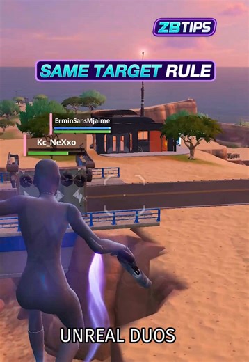 Fortnite Zero Build tip: Same Target Rule. Most players lose fights because the duo splits damage on two different people. Unreal teams do the opposite. They keep eyes on the same target through movement, bunkers, shockwaves, wing suit rotations, and angle changes until that player is gone. This is not just good aim. This is target discipline, team timing, and pressure stacking. If your duo keeps getting cracked in 2v2 fights, stop chasing separate angles with separate targets. Call one name and