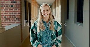 Portrait, education and timelapse of students at school for scholarship, learning or development. Smile, university or college with young people in a hallway on campus for study or academic growth