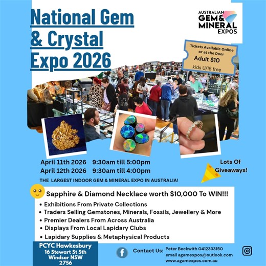 Save the date for the spectacular National Gem & Crystal Expo 2026! This extraordinary event will feature premier traders from across Australia, offering a stunning array of gemstones, minerals, fossils, jewellry, and more. Visitors will be treated to exclusive displays from private collections and local Lapidary Club exhibits, along with a variety of lapidary supplies and metaphysical products for sale. Don't miss the chance to win our Lucky Door Prize—a breathtaking sapphire and diamond neckla