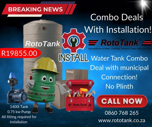 Introducing RotoTank’s 2026 Complete Combo Kits – Now with Installation Included For 2026, RotoTank is raising the standard. Purchase a complete combo kit and enjoy the convenience of professional installation included. As the only manufacturing company with true nationwide distribution, RotoTank delivers unbeatable combo deals through a single, trusted one-stop solution — from product to installation. Learn more about our installation solutions here: https://www.rototank.co.za/product-category/