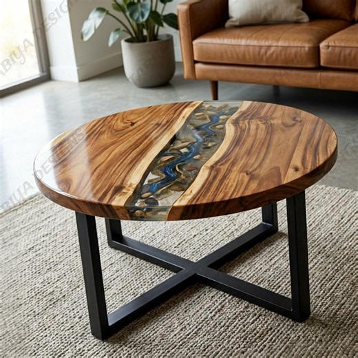 Rustic Modern Coffee Table, Round Wood Resin River Handmade Luxury Cocktail Table Decor - Etsy