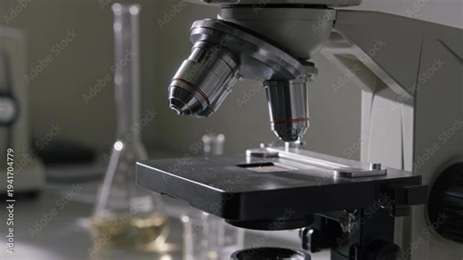 Laboratory microscope on research desk with glass flasks and samples in background, scientific equipment for biology analysis, medical testing, chemistry experiments and technology development.