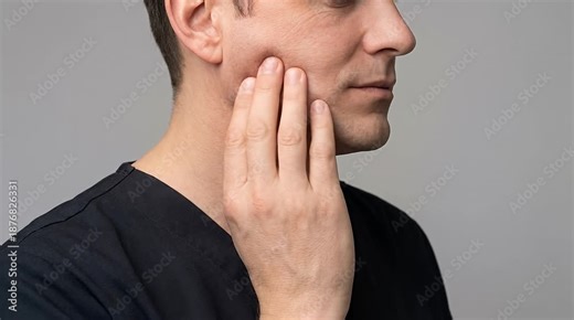 Temporomandibular Joint Disorder (TMJ Pain) Explainer, Side Profile Adult Touching Jaw, Subtle Jaw Tension and Mouth Opening Closing Motion