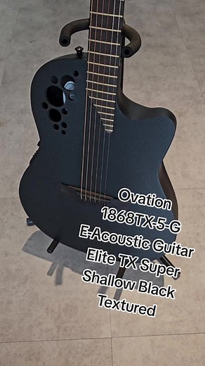 The Ovation 1868TX-5-G Elite TX Super Shallow E-Acoustic Guitar is a striking blend of innovative design and superior craftsmanship, ideal for musicians seeking exceptional sound quality and playability. Featuring a distinctive black textured finish, this guitar boasts a super shallow bowl design that offers unmatched comfort and easy access to higher frets, making it perfect for both stage performances and studio recordings. Available to purchase online through our website, or through our ecomm