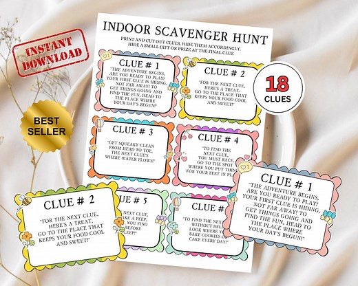 Indoor Scavenger Hunt Printable, Treasure Hunt for Kids Template, Things to Do at Home Idea, Toddler Preschool Party Game, Riddle Clue Cards - Etsy