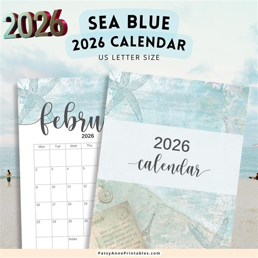2026 Sea Blue Calendar, Ocean Theme Calendar Printable, Instant Download! - Etsy
