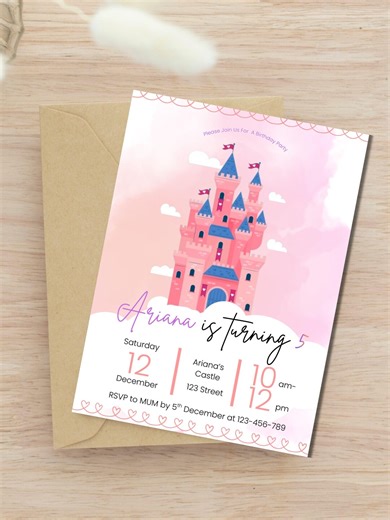 Princess Birthday Invitation | Castle Party Invite | Editable Canva Template | Pink Pastel | Digital Download | - Etsy