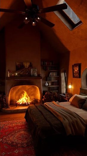 Cozy Snowy Cabin Bedroom ❄️ Fireplace & Peaceful Winter Escape #logcabin #cozyvibes #snow
