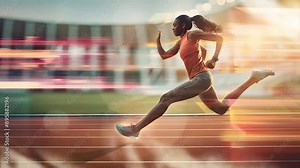 woman runs energetically in a dynamic high intensity running motion.