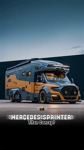 Mercedes-Benz | Sprinter Concept | “Titan Vector” – AI digital design widebody aero expedition rig in slate blue and sand-gold two-tone, slammed performance stance with deep-dish wheels, carbon front splitter and aggressive grille with integrated LEDs, roof-mounted light bar and full-length solar array, rear ladder and spare carrier; under the hood, a fully built twin-turbo performance setup with polished lines and red AN fittings. inside, a luxury studio layout with mustard leather dinette, ful