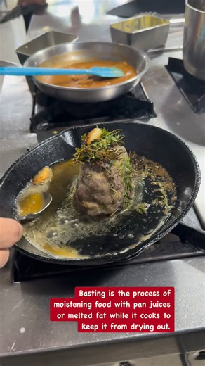 Basting is the process of moistening food with pan juices or melted fat while it cooks to keep it from drying out. www.khtc.com.np #diplomacourseincookery #cookingschoolpokhara #kantipurhoteltrainingcenter #steak #basting | Kantipur Hotel Training Center