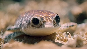 A close view of a tiny turtle crawling on the ground, Deep-sea footages featuring the rarely-seen nightlife of aquatic organisms, AI Generated
