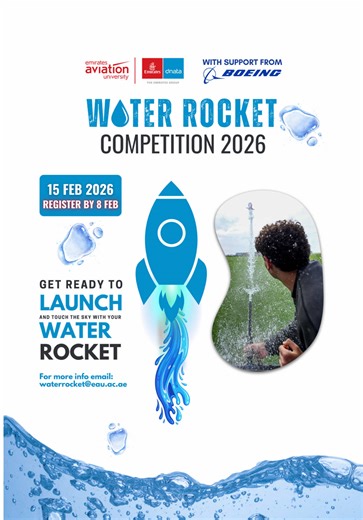 On February 15, 2026, EAU is hosting an exciting Water Rocket Competition, open to high schools across the UAE! •⁠ ⁠Eligibility: Grade 11 & 12 students only •⁠ ⁠Team Limit: Each school may register up to 2 teams (4-5 students per team) •⁠ ⁠Registration Deadline: February 8, 2026 ⏳ Think you have what it takes to launch the best water rocket? Register now or get more info by emailing waterrocket@eau.ac.ae