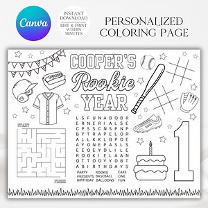 Rookie Year Coloring Page, Baseball Party, Baseball Birthday, Birthday Activity, Rookie Year, Baseball Coloring, Coloring Placemat, A105 - Etsy