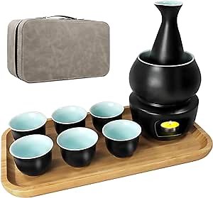 10 PCS Ceramic Sake Set with Warmer Pot Bamboo Tray, Pottery Hot Saki Sets Traditional Japan Hot and Cold Saki Set include 6 Sake Cups, 1 Warming Mug, 1 Candle Stove, 1 Candle Tea Light Holder 1 Tray